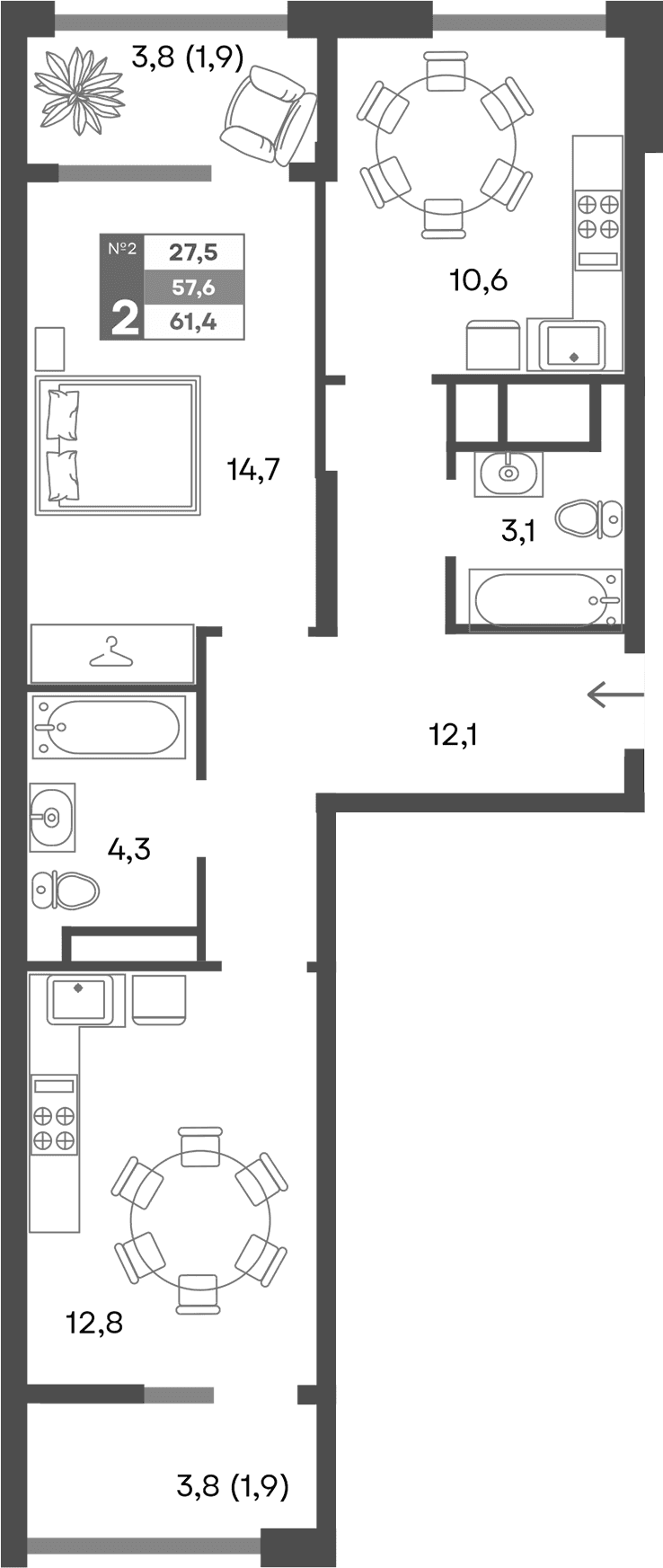 2-комн., 57.6 м²