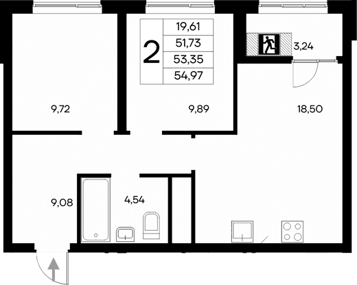 2-комн., 51.73 м²