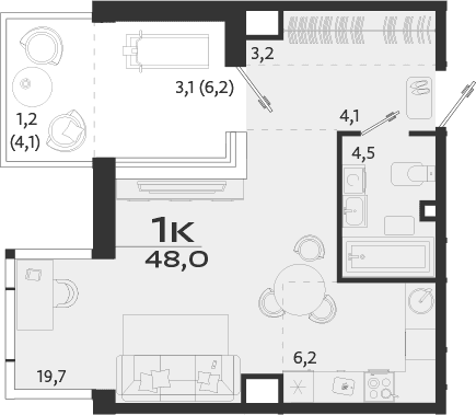 Студия, 37.7 м²