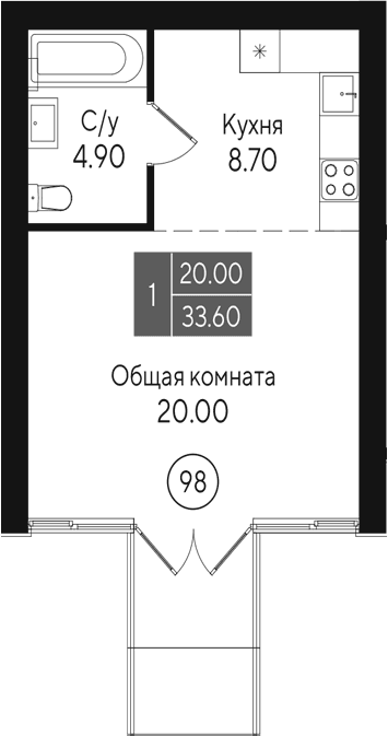Студия, 33.6 м²