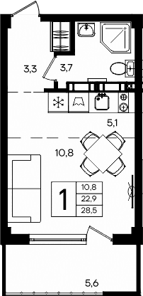 Студия, 22.9 м²
