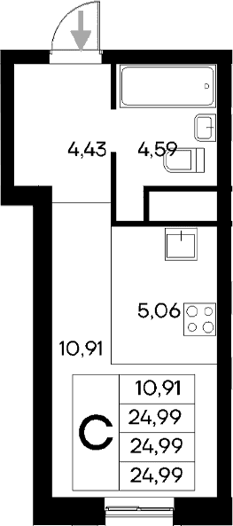 Студия, 24.99 м²