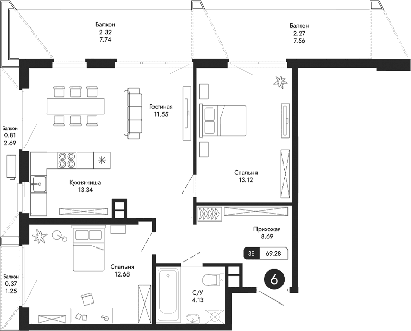 3-комн., 63.51 м²