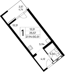 Студия, 27.94 м²