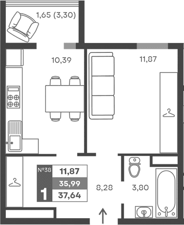 1-комн., 34.34 м²