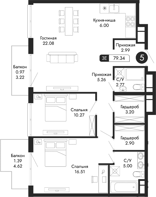 3-комн., 76.98 м²
