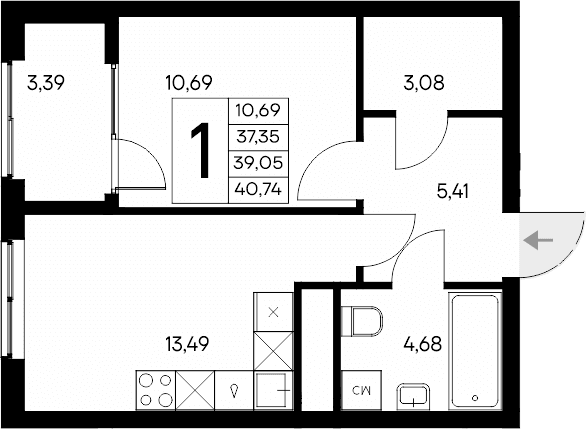 1-комн., 37.35 м²