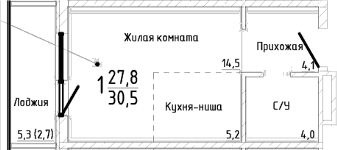 Студия, 27.8 м²