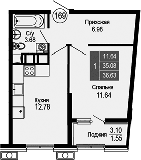 1-комн., 35.08 м²