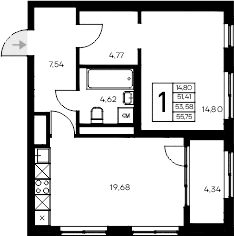 1-комн., 51.41 м²