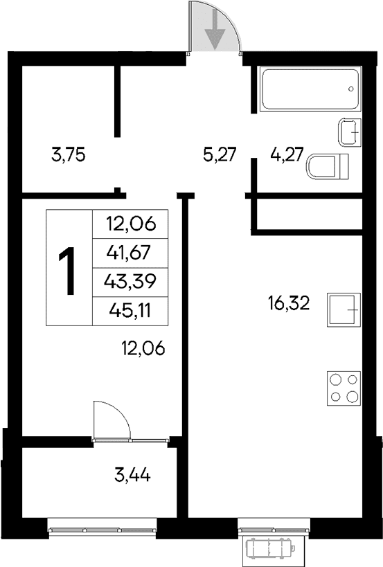 1-комн., 41.67 м²