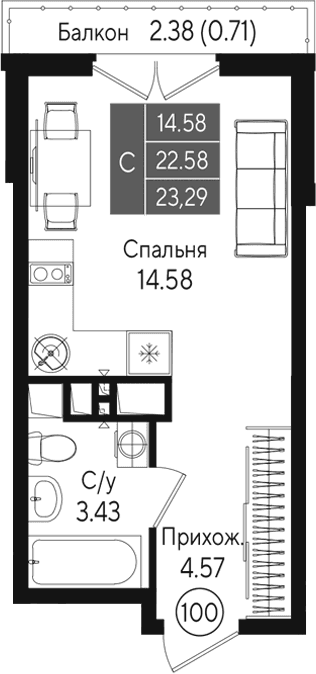 Студия, 22.58 м²