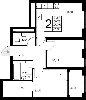 2-комн., 58.73 м²