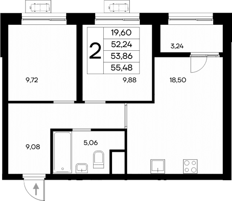 2-комн., 52.24 м²