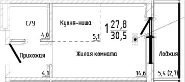 Студия, 27.8 м²