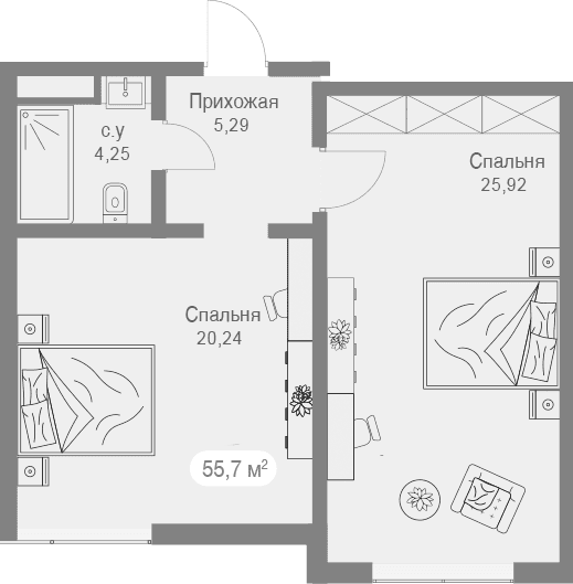 1-комн., 56.42 м²