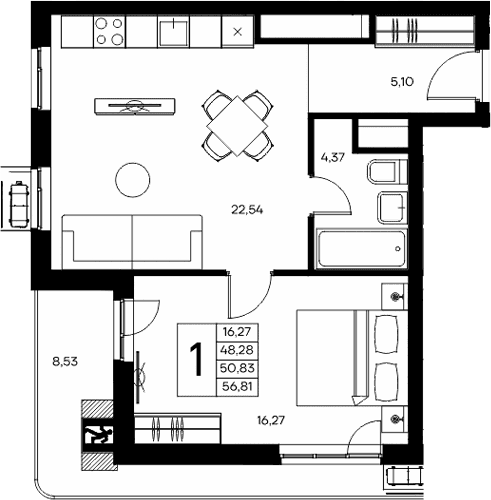 1-комн., 48.28 м²