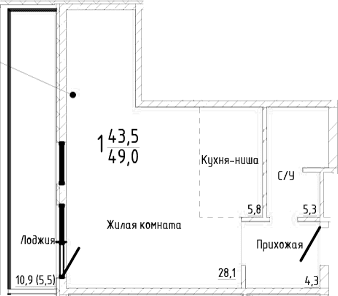 Студия, 43.5 м²