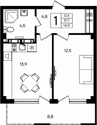 1-комн., 37.7 м²