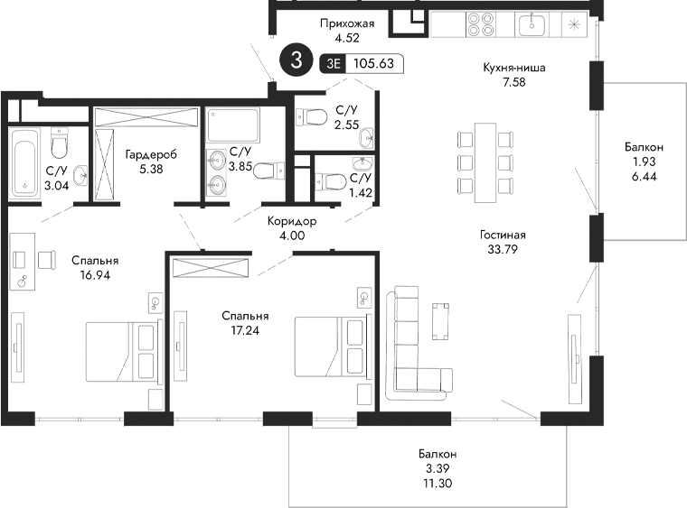 3-комн., 100.31 м²