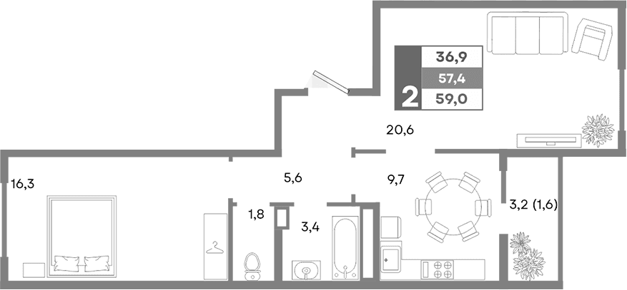2-комн., 57.4 м²
