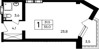 Студия, 31.5 м²