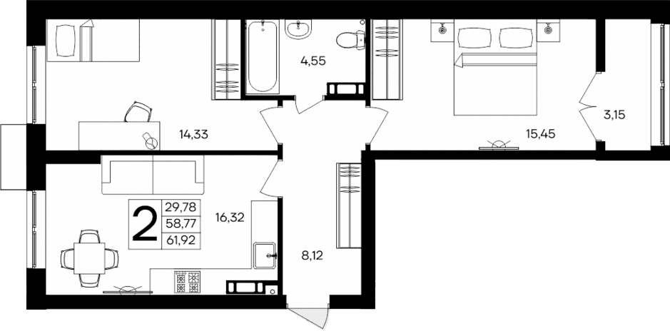 2-комн., 58.77 м²