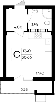 Студия, 25.38 м²
