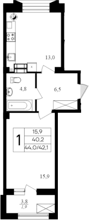 1-комн., 42.1 м²