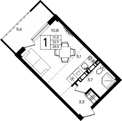 Студия, 22.9 м²