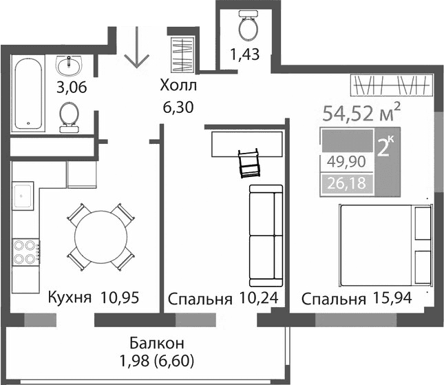 2-комн., 47.92 м²