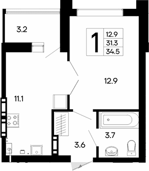 1-комн., 31.3 м²