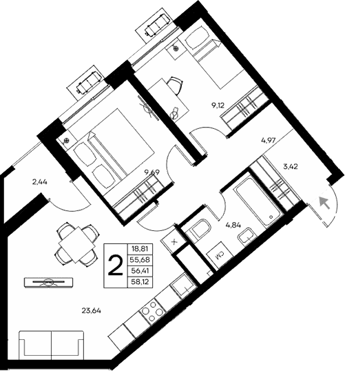 2-комн., 55.68 м²