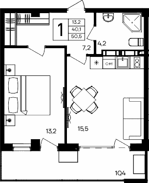 1-комн., 40.1 м²