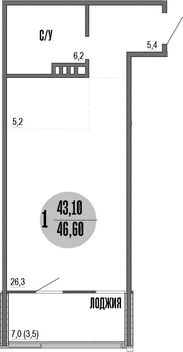 Студия, 43.4 м²