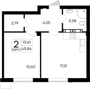 2-комн., 43.84 м²