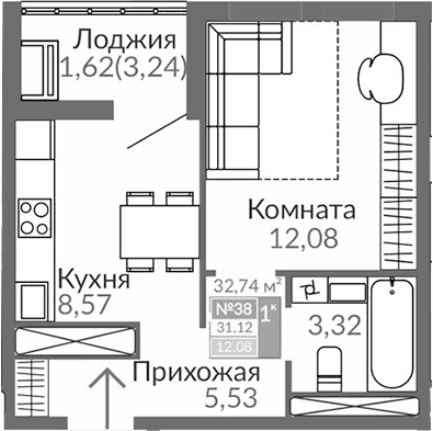 1-комн., 29.5 м²