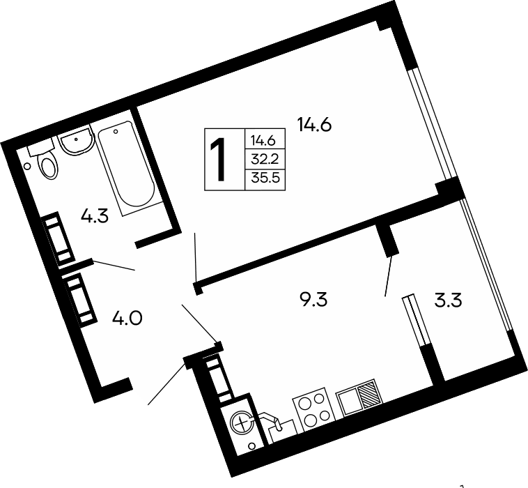 1-комн., 32.2 м²