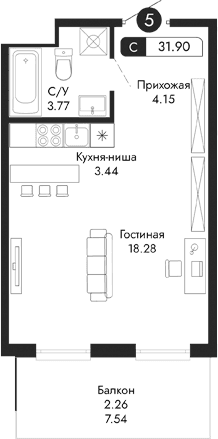 Студия, 29.64 м²