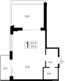 Студия, 39.5 м²