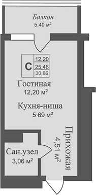 Студия, 25.46 м²