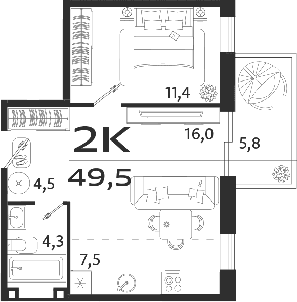 2-комн., 43.7 м²