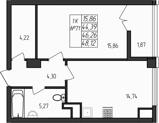 1-комн., 44.39 м²