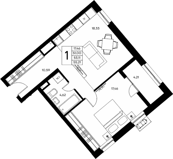 1-комн., 51 м²
