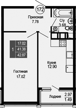 1-комн., 41.38 м²