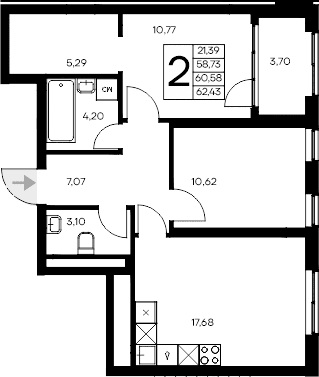 2-комн., 58.73 м²