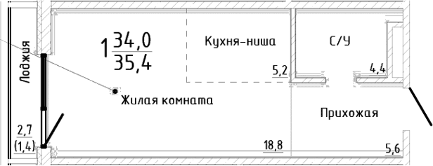 Студия, 34 м²