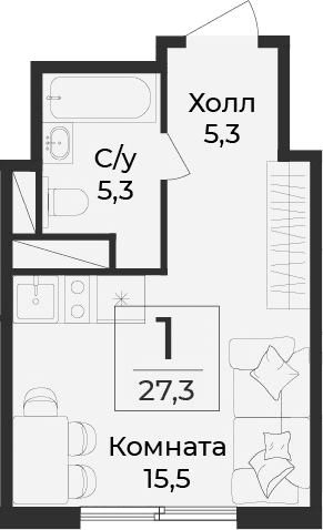 Студия, 27.3 м²