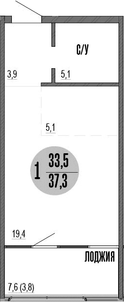 Студия, 33.5 м²