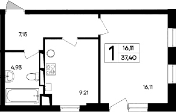 1-комн., 37.4 м²